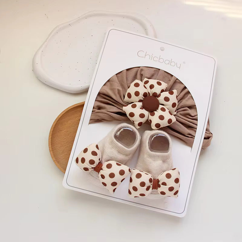 100% Cotton Girl Newborn 6-12 Months Baby Socks Set Lovable Small Flower Hat Baby Socks Set- Brown