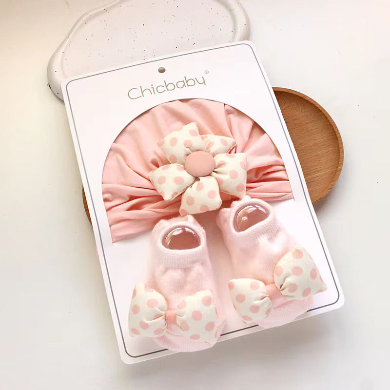 100% Cotton Girl Newborn 6-12 Months Baby Socks Set Lovable Small Flower Hat Baby Socks Set- Light Pink