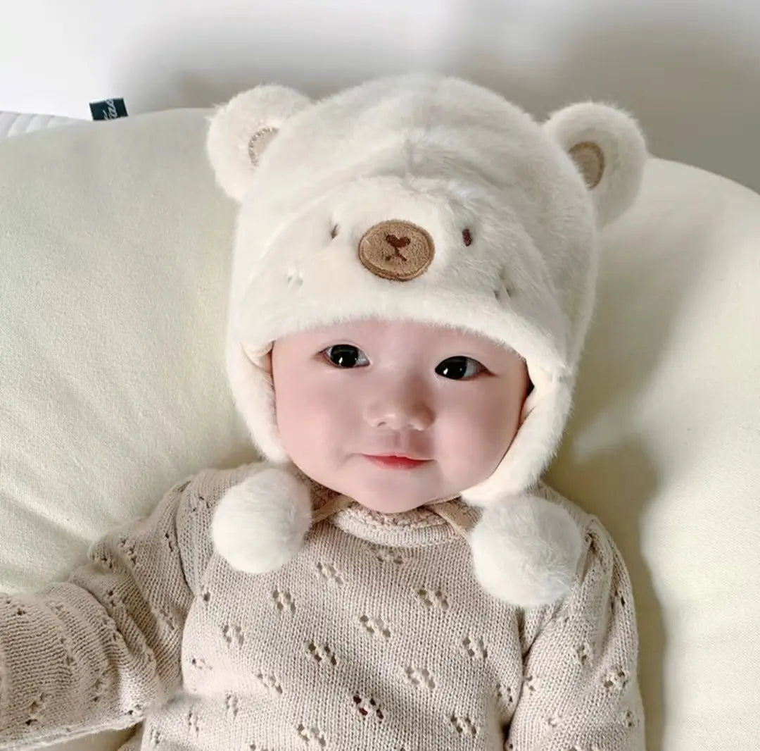 2024 Baby Fall/Winter Plush Warm Ear Caps for Boys and Girls Cute Cartoon Ear Beanies- White