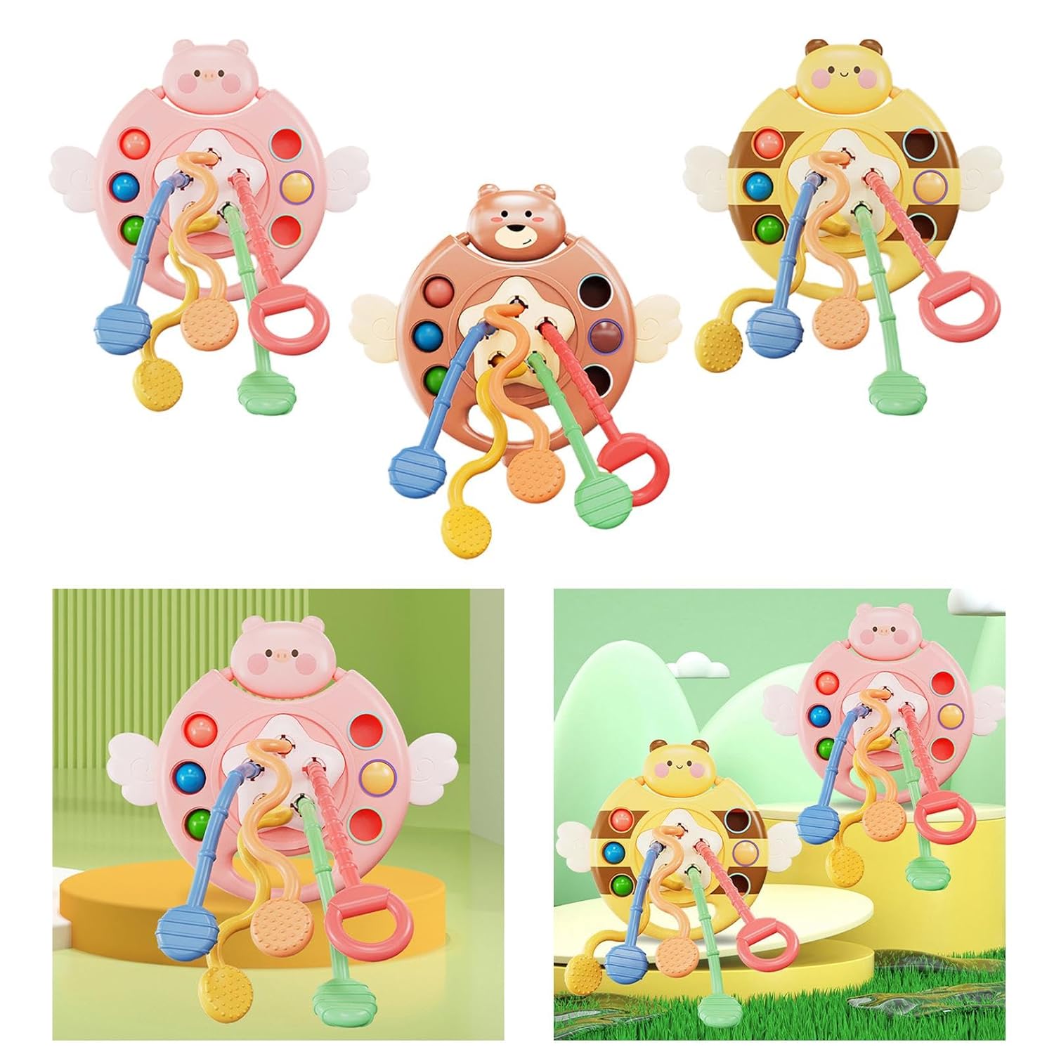 5 IN 1 Pink Pig Silicone Pull String Teething Sensory Toy