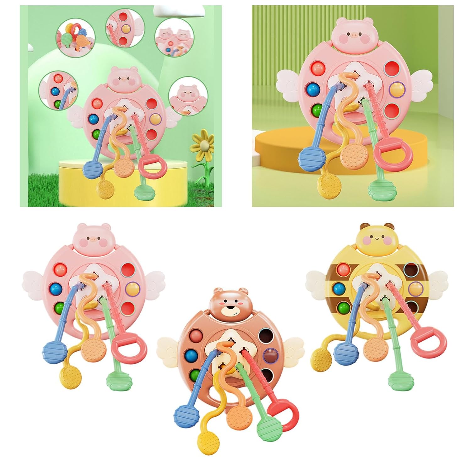 5 IN 1 Pink Pig Silicone Pull String Teething Sensory Toy