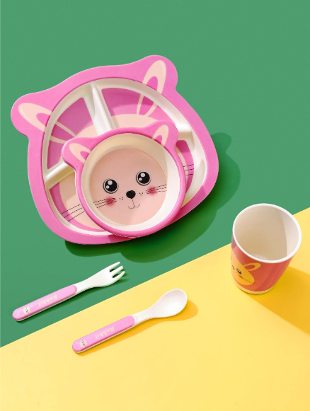 5 Pcs Bamboo Fiber Kids Meal Tableware Dinner Set- Pink P1