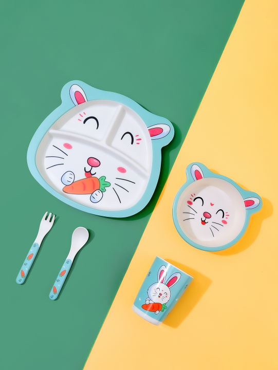 5 Pcs Bamboo Fiber Kids Meal Tableware/ Dinner Set- Rabbit Blue