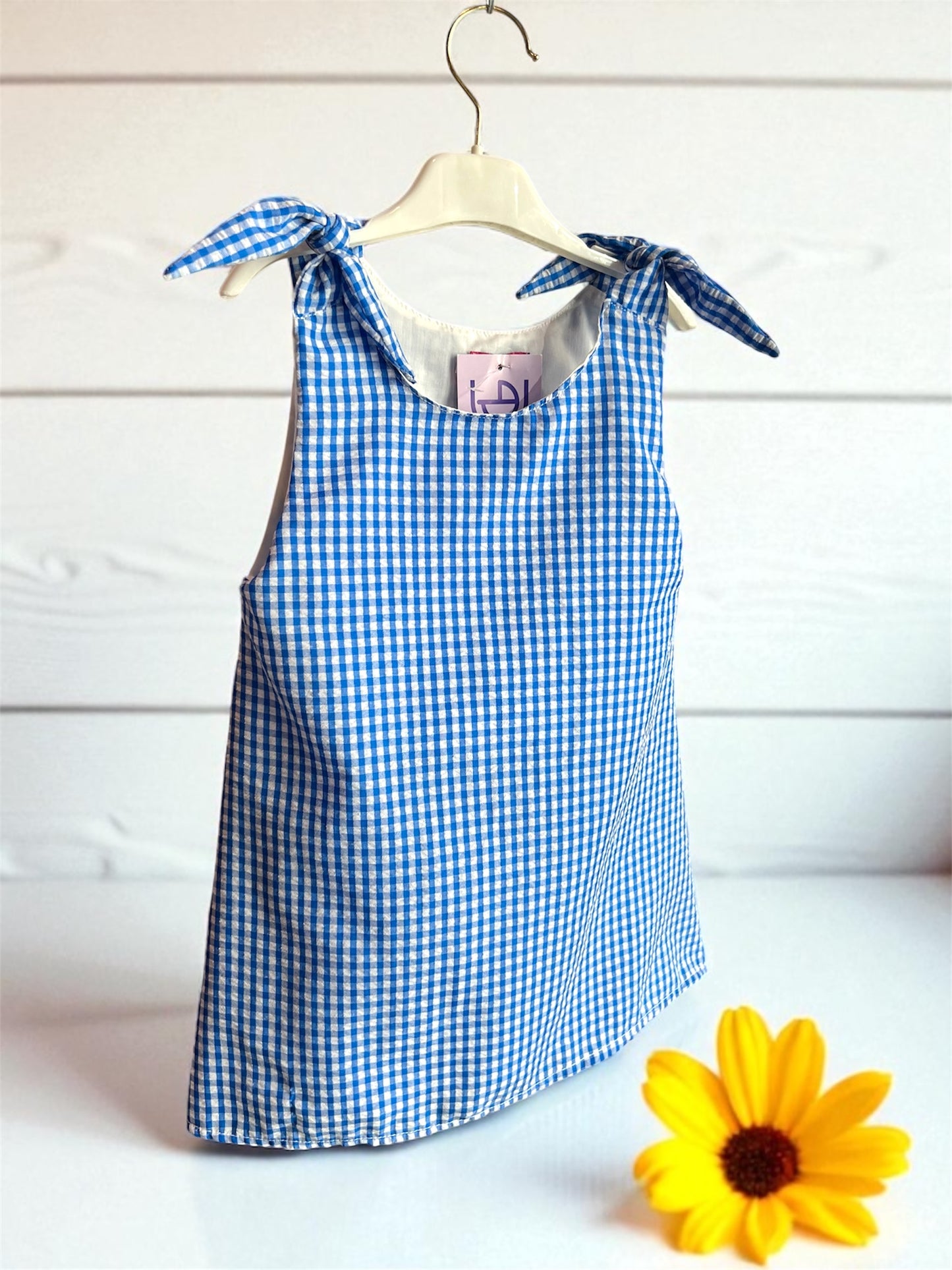Semi Casual Baby Girl Cotton Knotted Sleeve Checkered Top Dress Blue