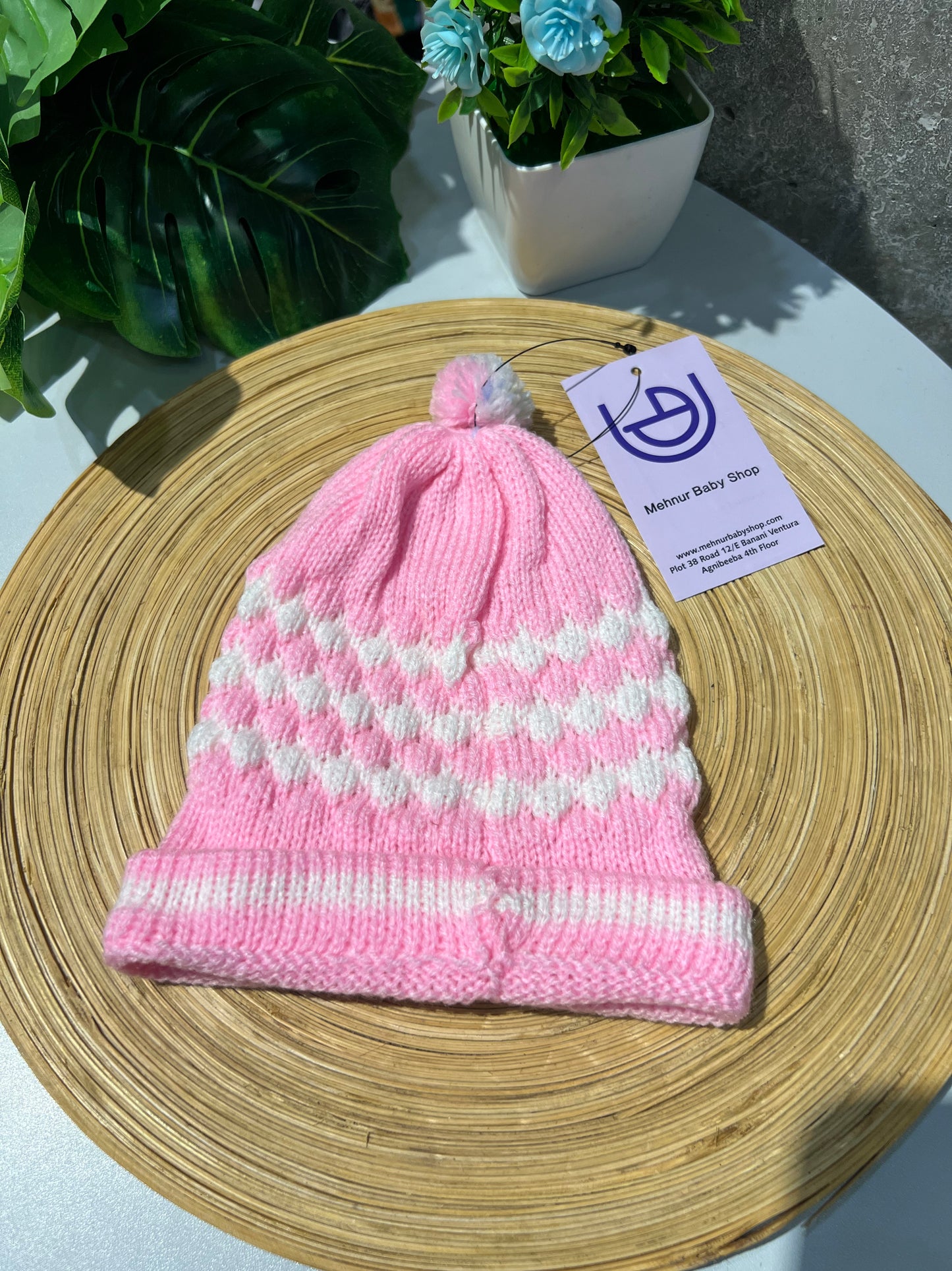 Baby Knitted Woolen Cap- Pink (0-6m)