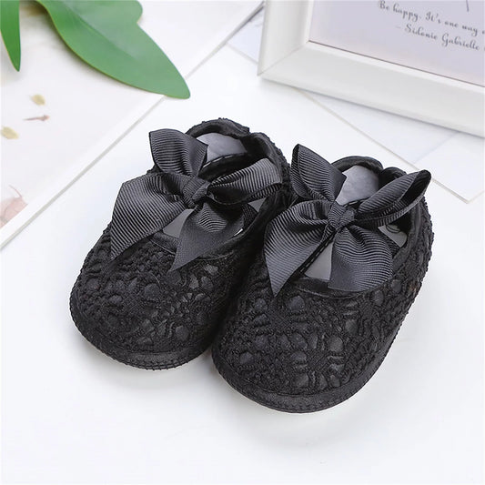 Baby Ribbon Bow Soft Shoes- Black