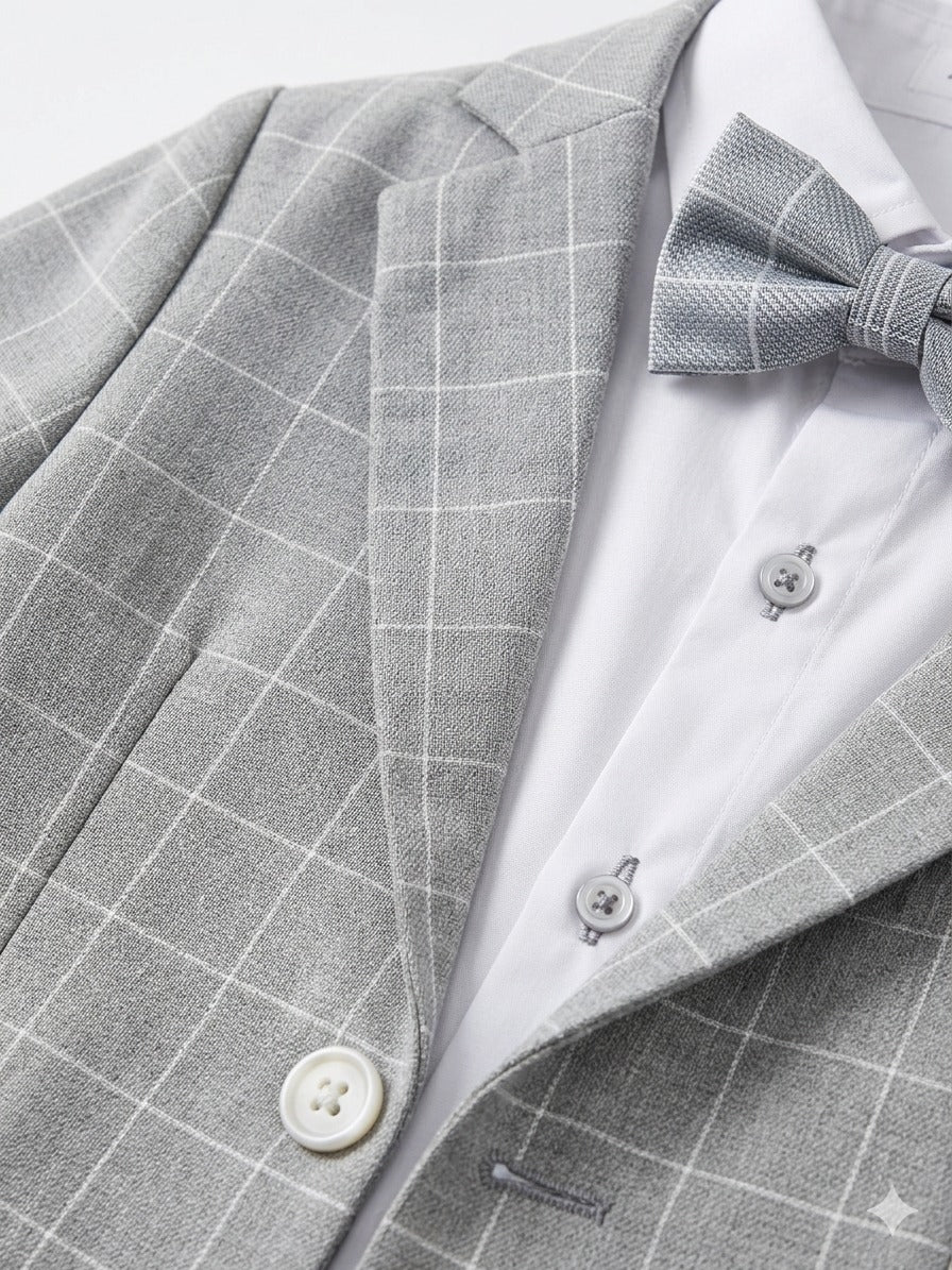 Boy's 4-Piece Premium Plaid Blazer Suit Set- Grey & White