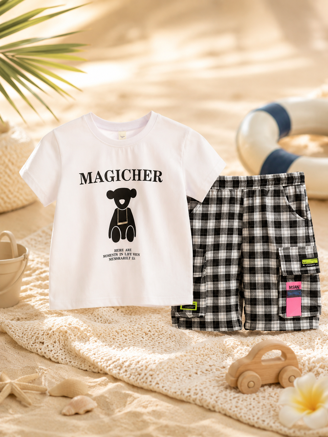 Boy's Bear Print Cotton Co-ord Set- White & Black Checks