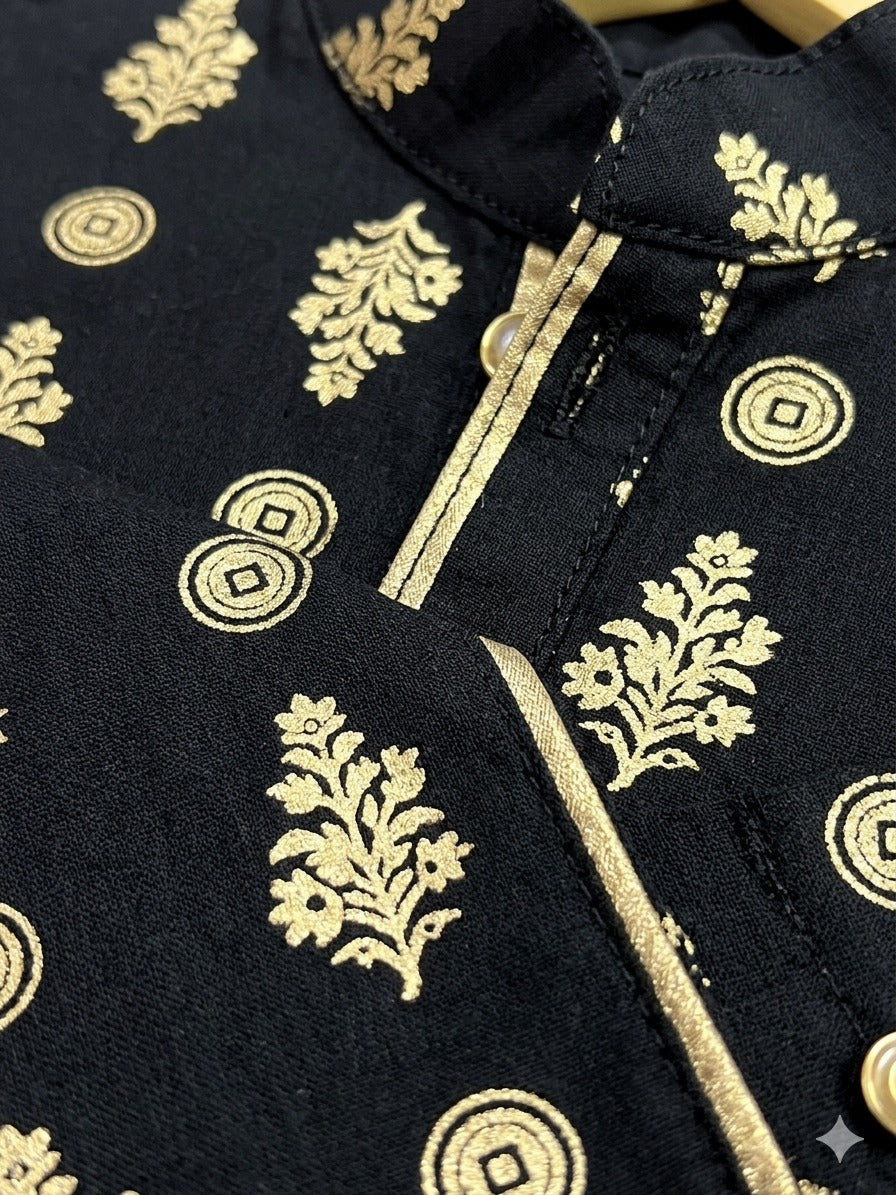 Boys' Premium Black & Gold Block Printed Festive Panjabi