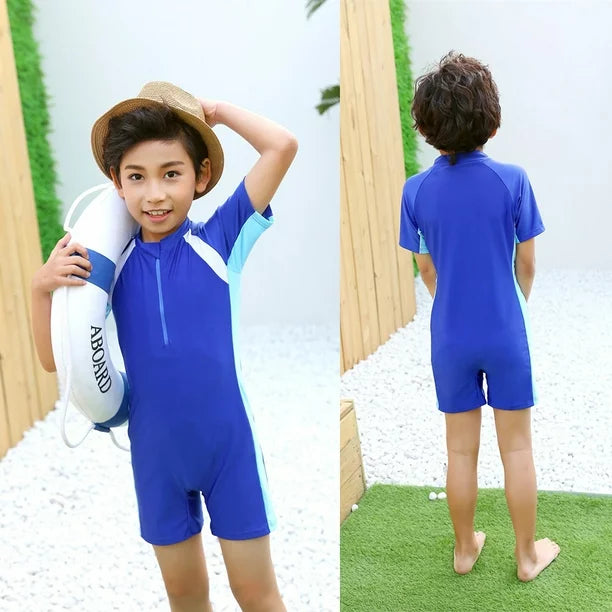 Children's One Piece Half Sleeves Swimwear- Blue (3Y to 6Y)