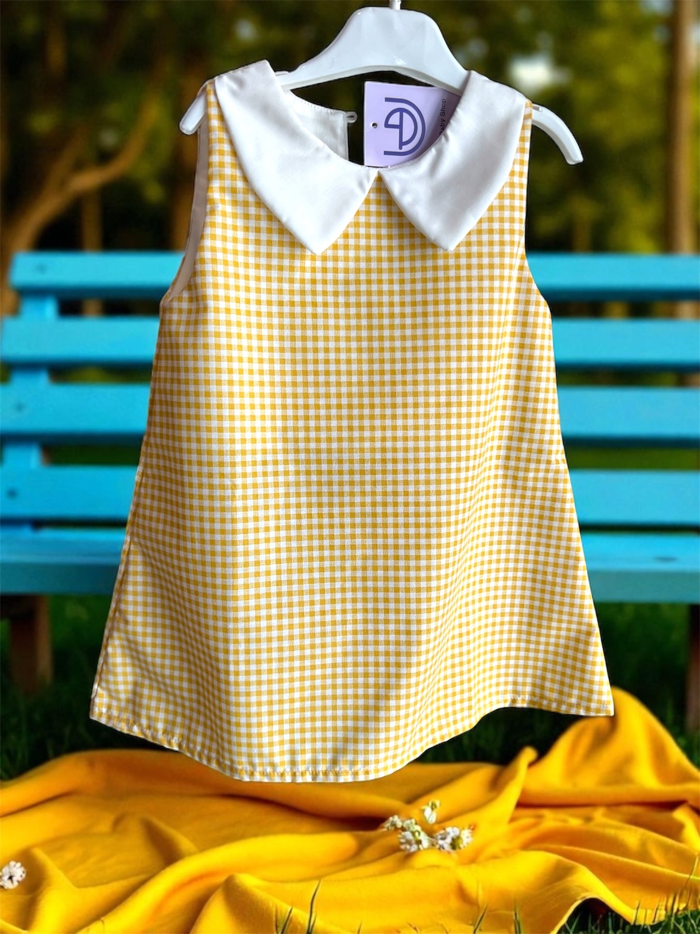 Semi Casual Baby Girl Peter Pan Collar Cotton Top Checkered Dress-Yellow