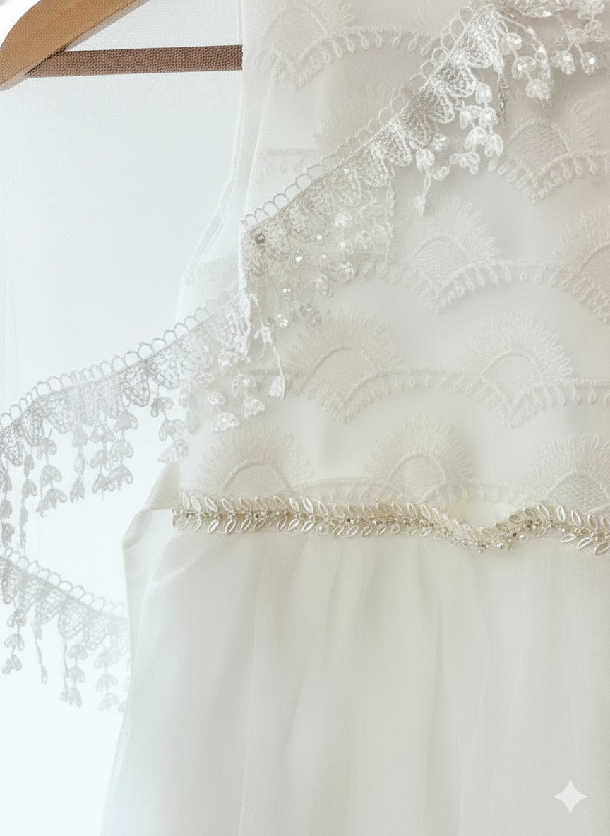 Elegant White Lace Party Dress with Cape Sleeves (PRM) 5-6Y