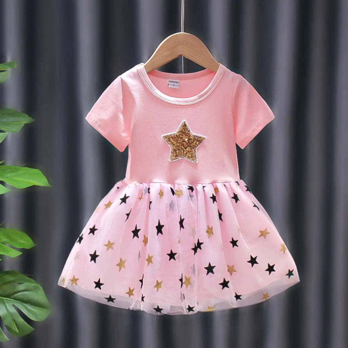 Girls Baby Dress Cotton Short-Sleeved Stitching Mesh Princess Skirt- Pink