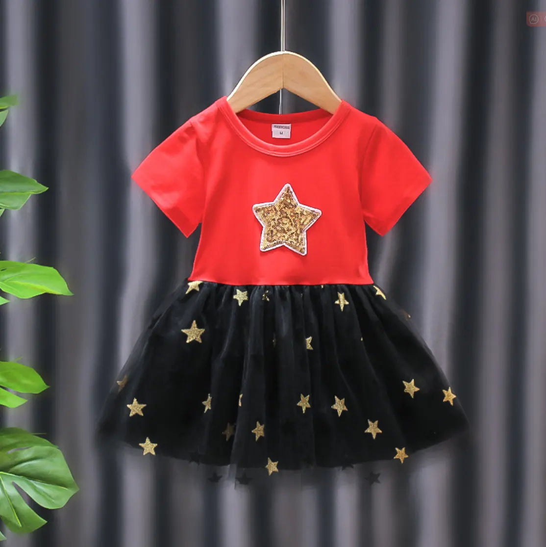 Girls Baby Dress Cotton Short-Sleeved Stitching Mesh Princess Skirt- Red