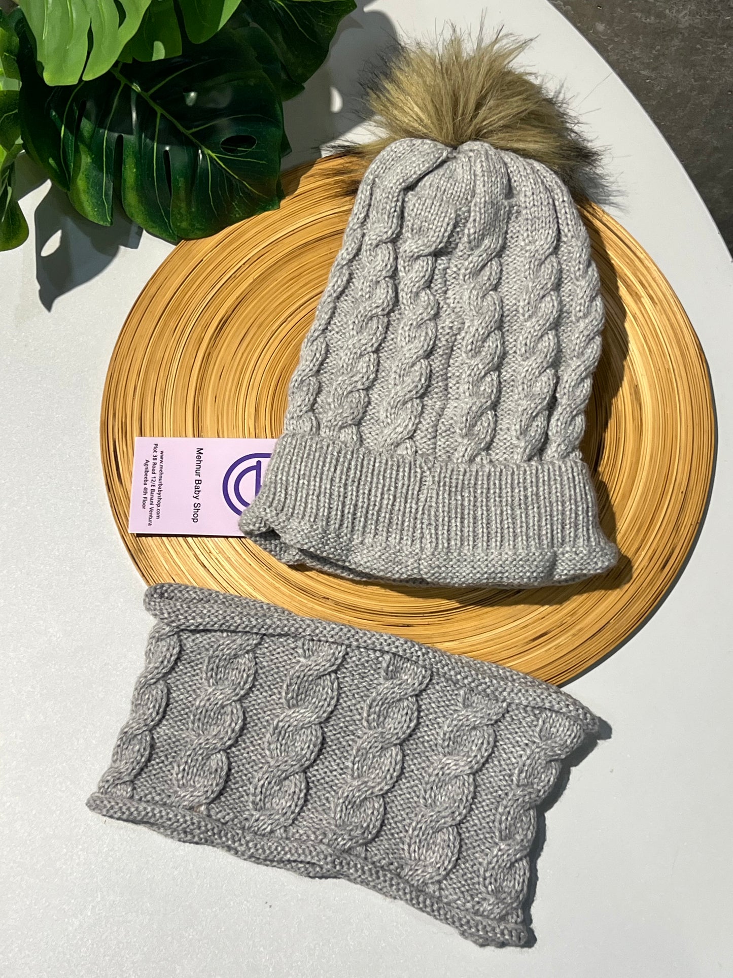 Grey Cable Knit Beanie & Neck Warmer Set (1y-5y)