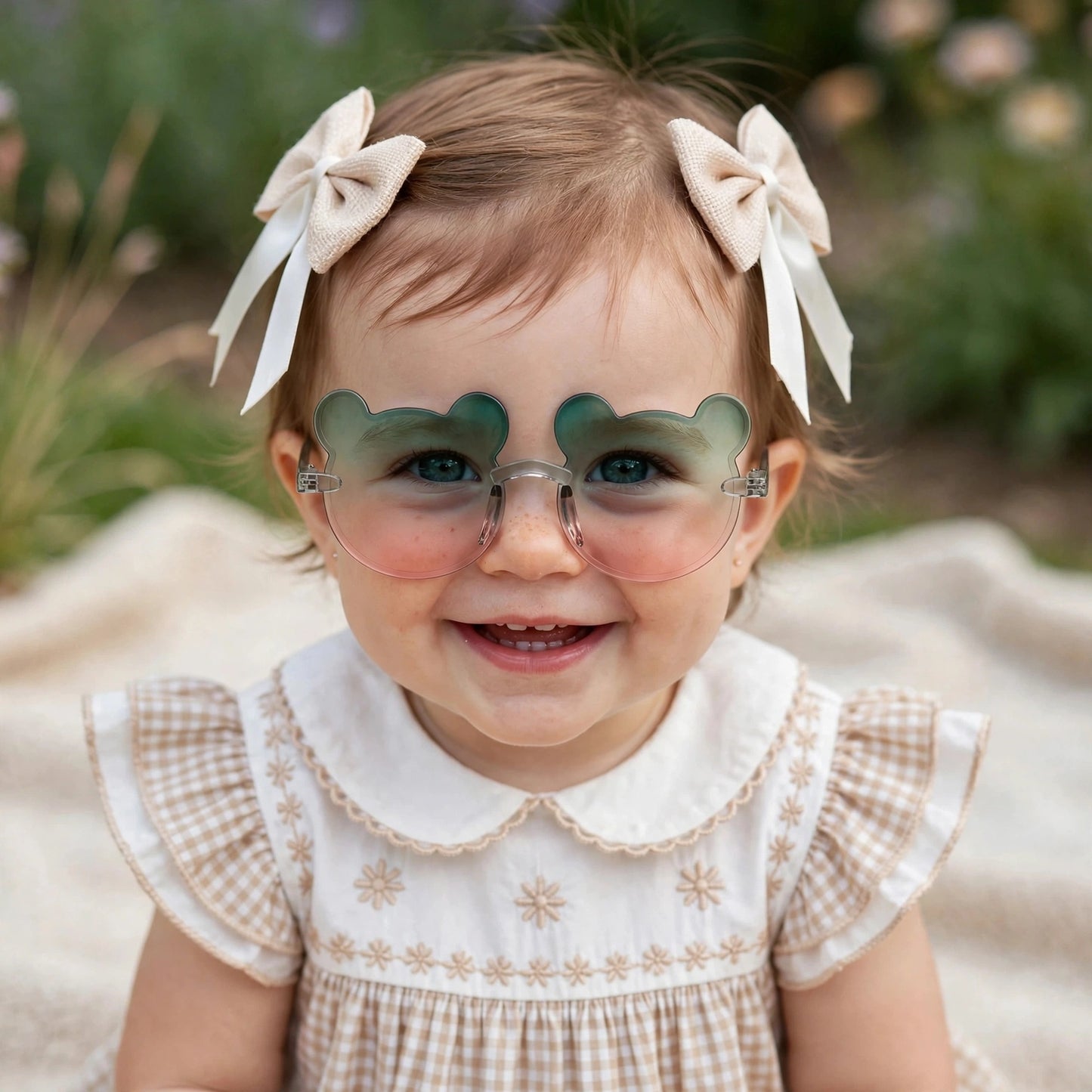 Kids Bear Sunglasses & Hair Bow Set- Pink & Green (2Y+)