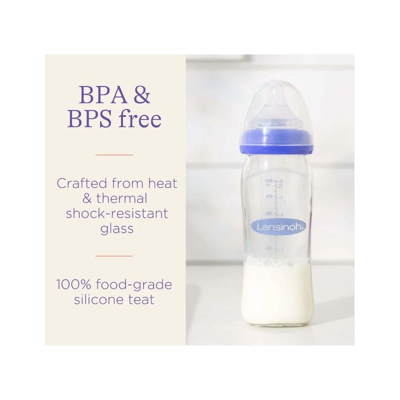 Lansinoh Glass Feeding Bottle With Natural Wave Teat Medium Flow 240ml-(M)