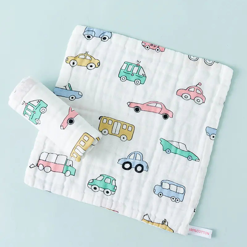 Newborn Custom 6 Layer Natural Soft Wash Cloth Towel Printed Fabric 100% Cotton Baby Washcloth- Car