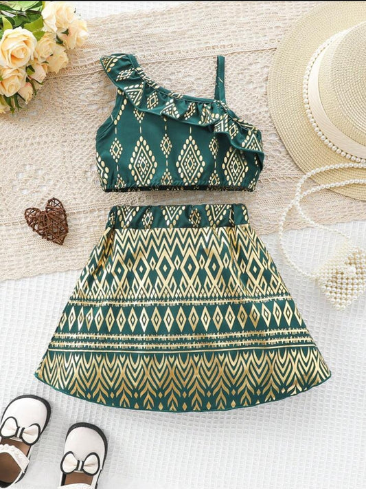 Baby Girl 2pcs Dress with ruffled hem and foil print detailing- Dark Green SHBLG02