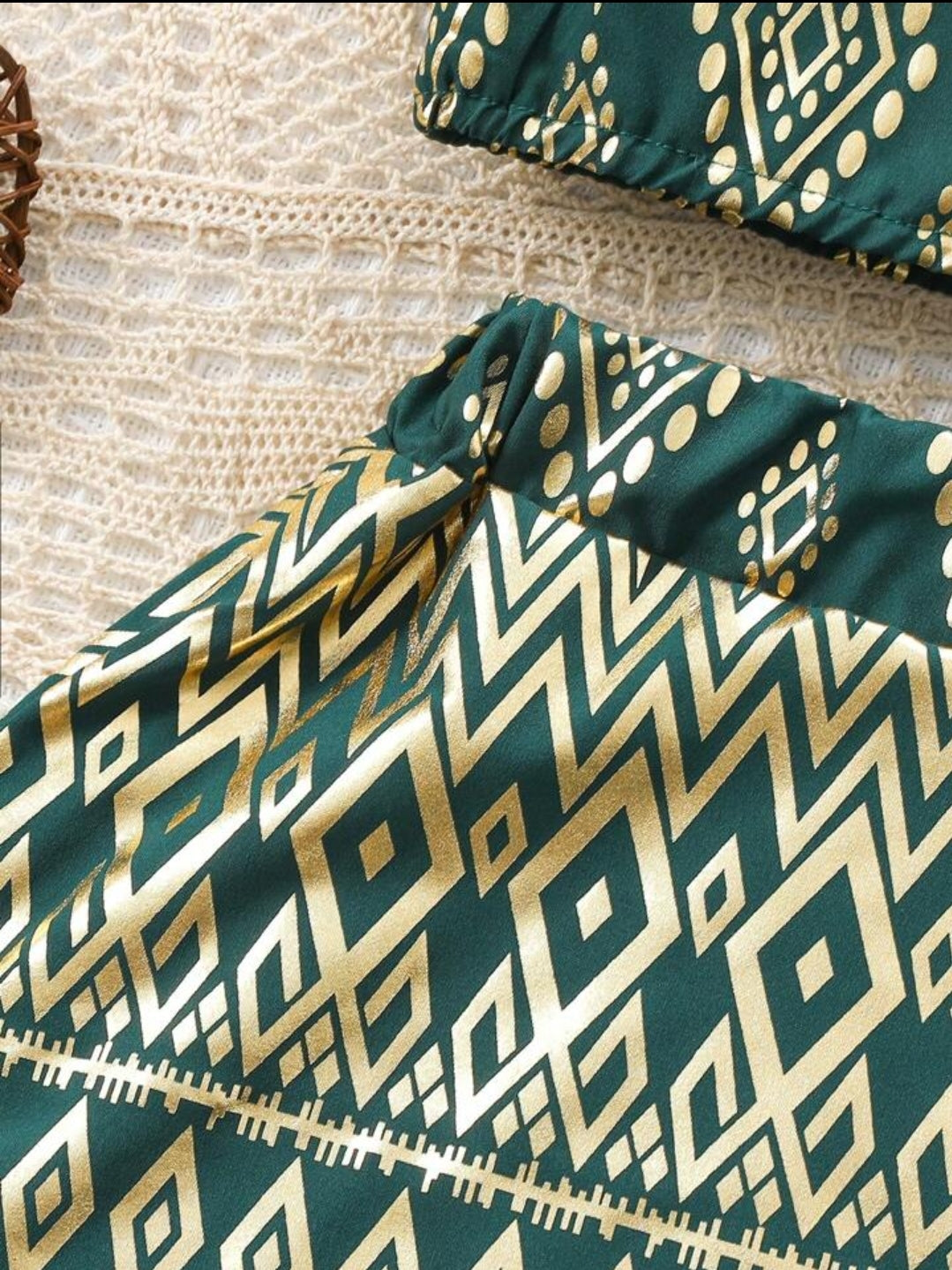 Baby Girl 2pcs Dress with ruffled hem and foil print detailing- Dark Green SHBLG02