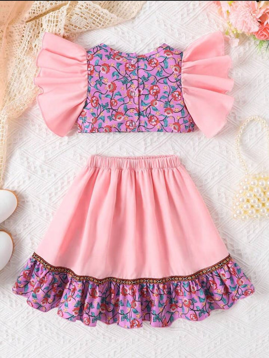 Baby Girl Floral Print Top & Skirt Set- Baby Pink SHBRP04