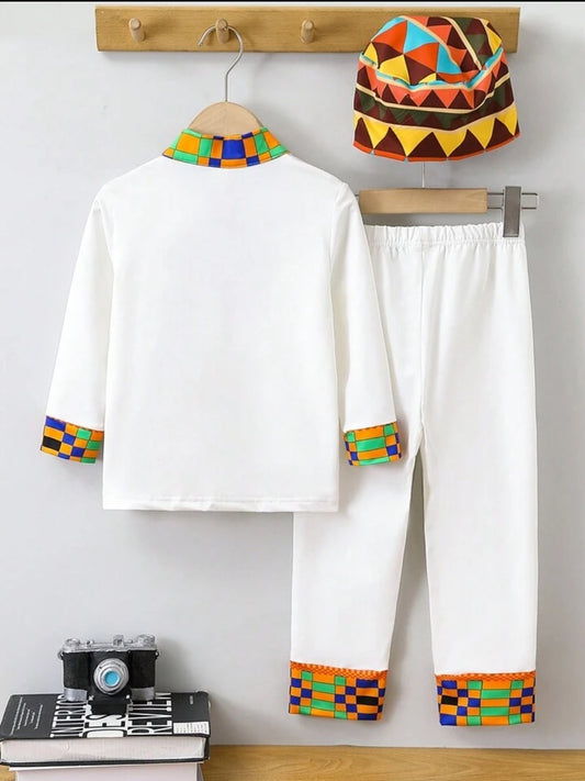 Baby boy plaid patchwork, colourful printed coller and fine cuffs tops and pant-White SHBPH02