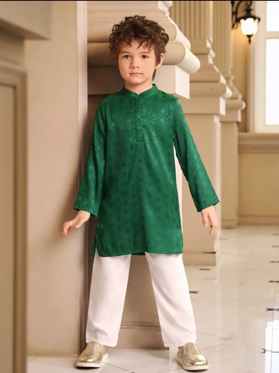 Baby Boy Dress dark green jacquard woven shirt and white pant set SHBPG05