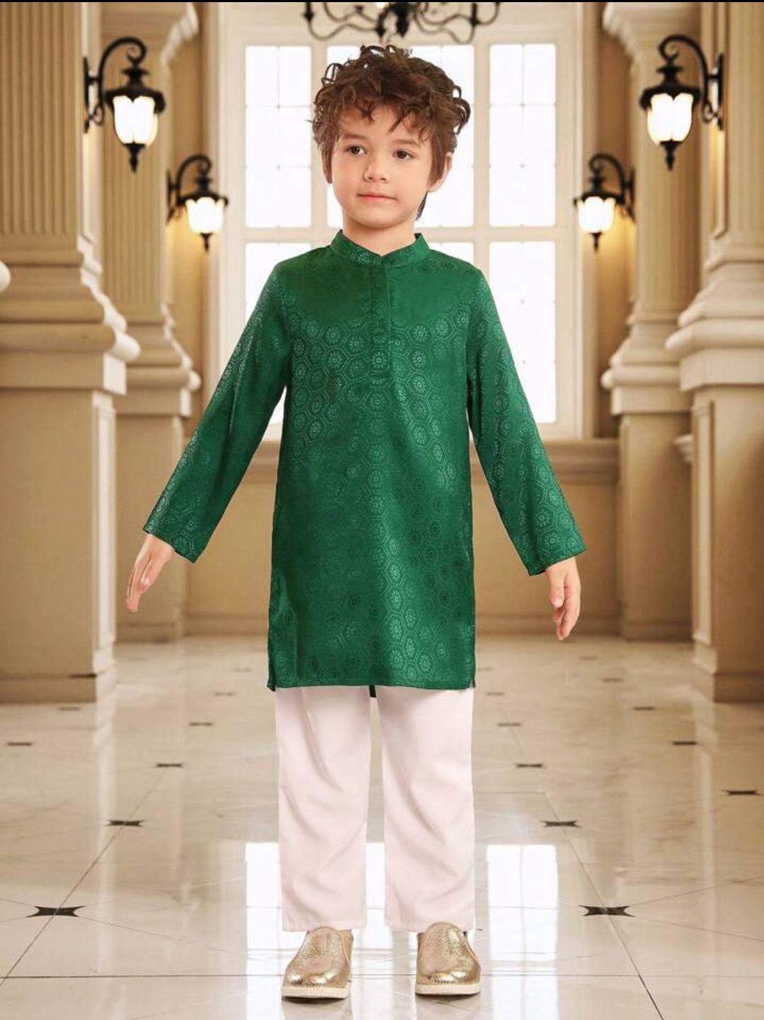 Baby Boy Dress dark green jacquard woven shirt and white pant set SHBPG05