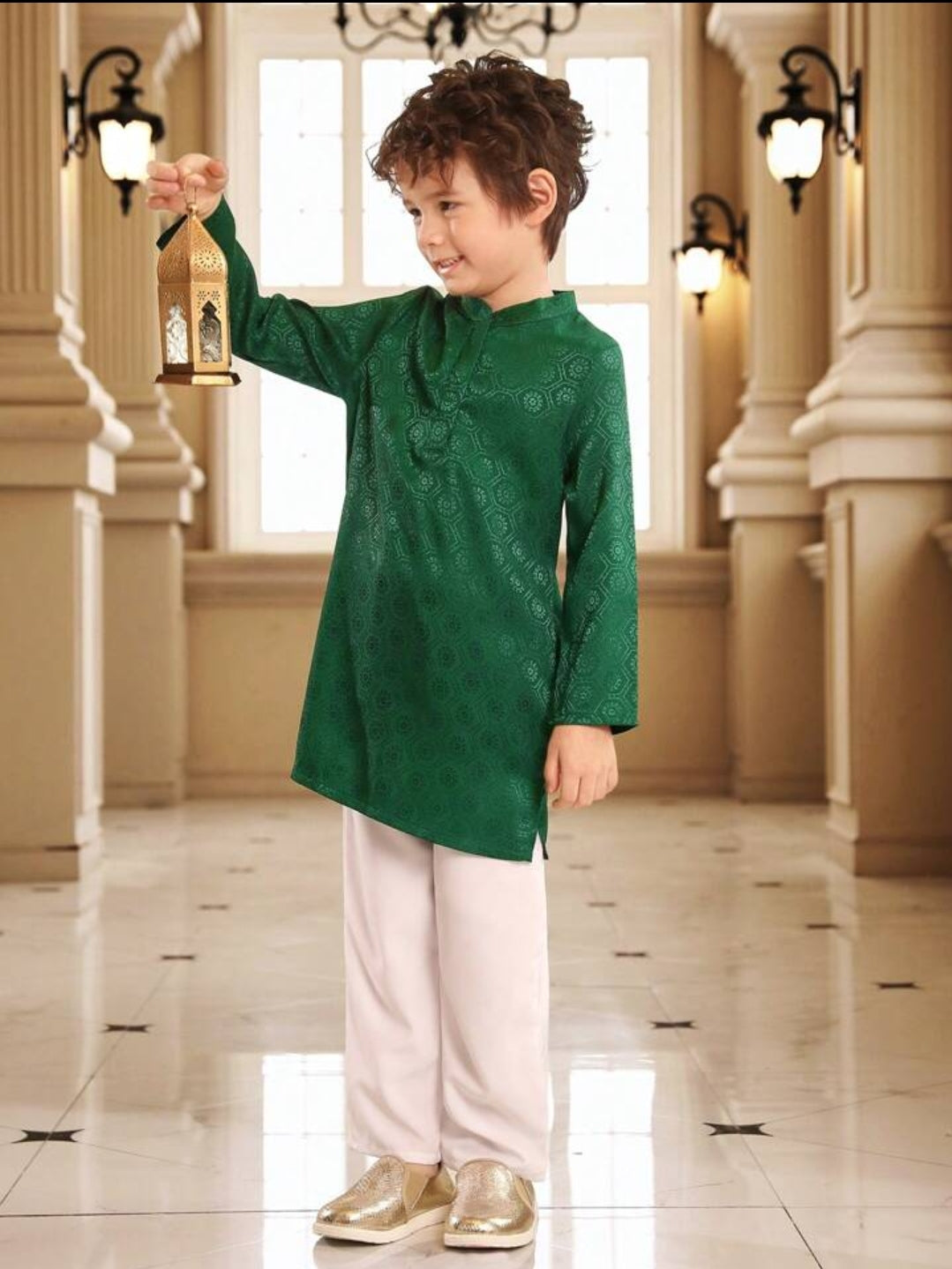 Baby Boy Dress dark green jacquard woven shirt and white pant set SHBPG05