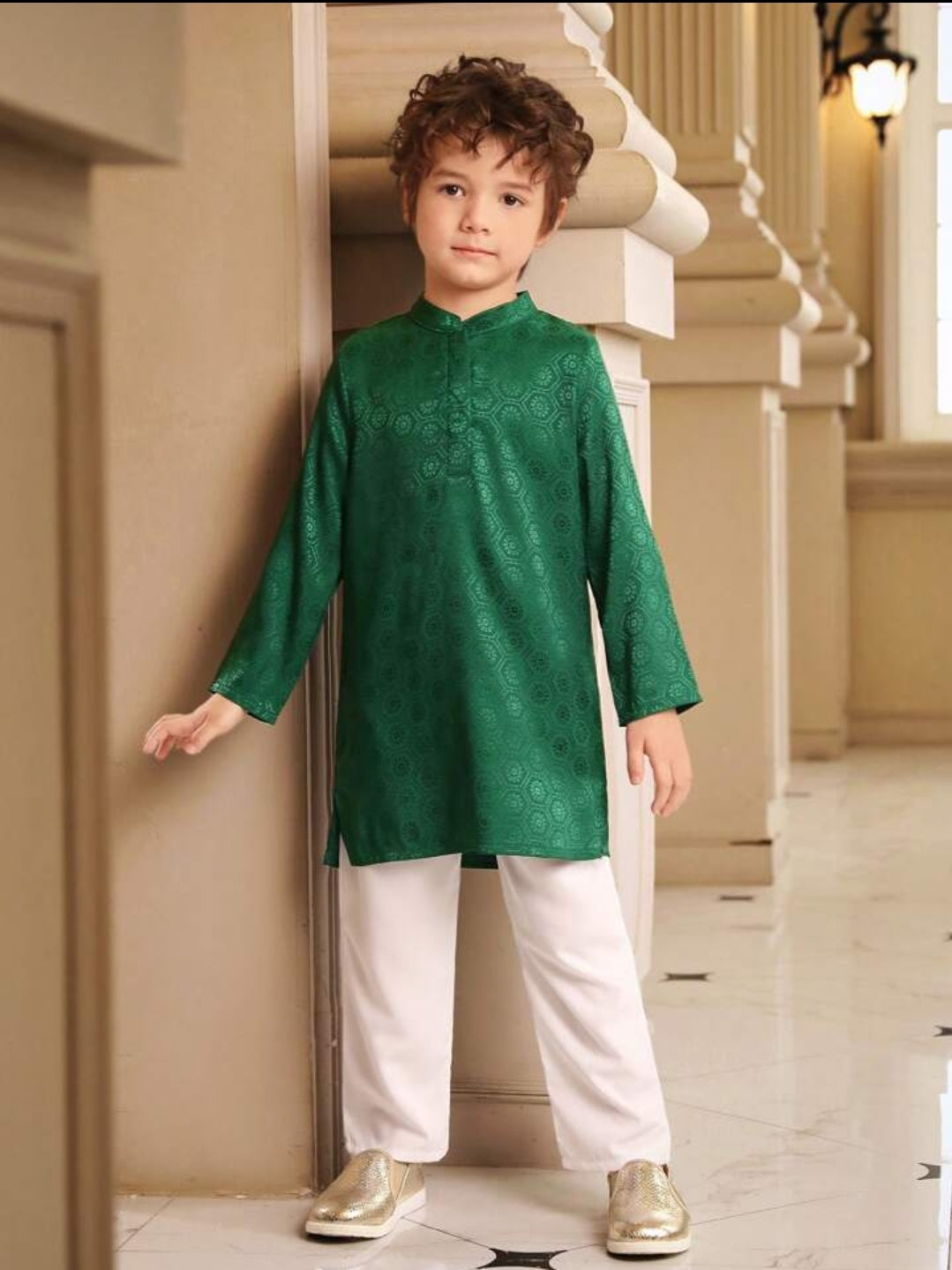 Baby Boy Dress dark green jacquard woven shirt and white pant set SHBPG05
