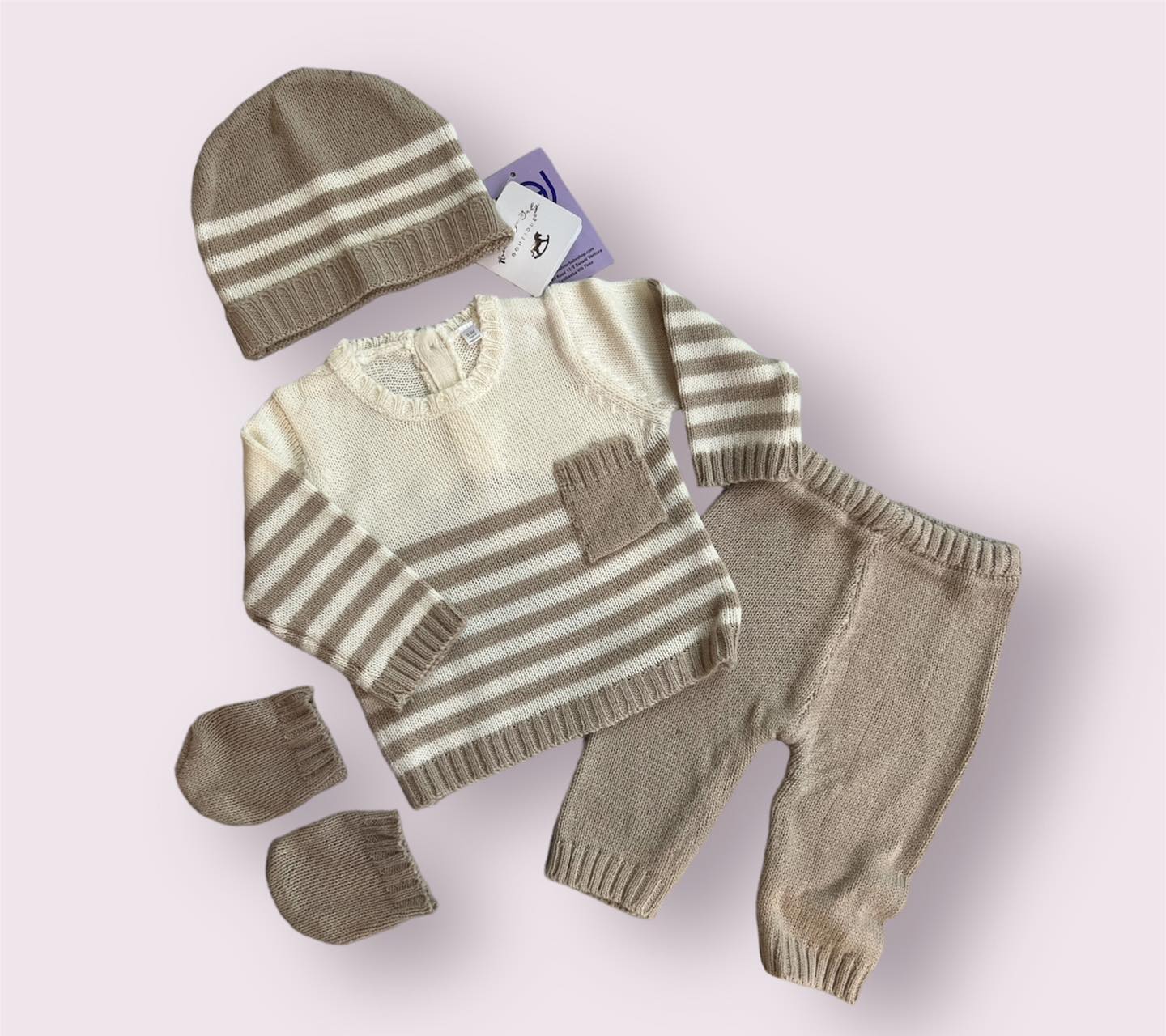 Winter Knitted Dress 4 Pcs Gift Set- Cream & Light Brown Stripe