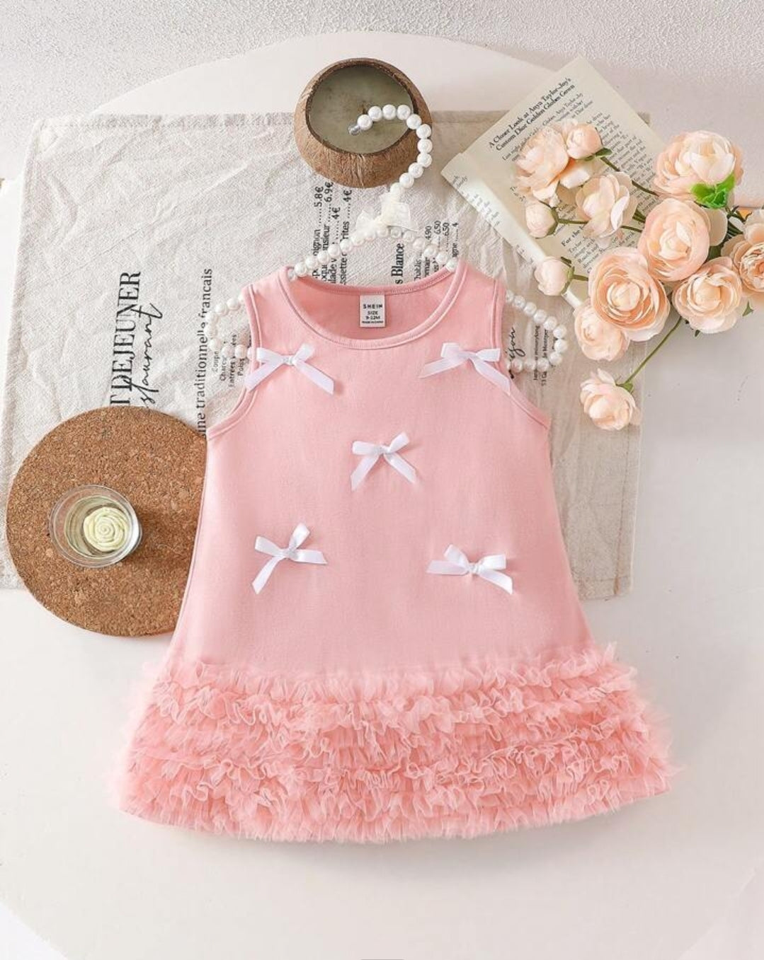 Baby Girl Bowknot Ruffle Hem Ruched Pink Mesh Knit Sleeveless Party Dress