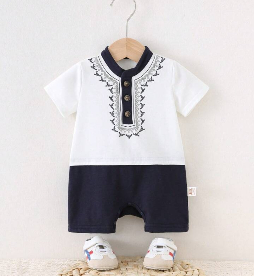 Newborn Baby Unisex Soft Knitted Colorblock Round Neck Short Sleeve Romper With Shorts
