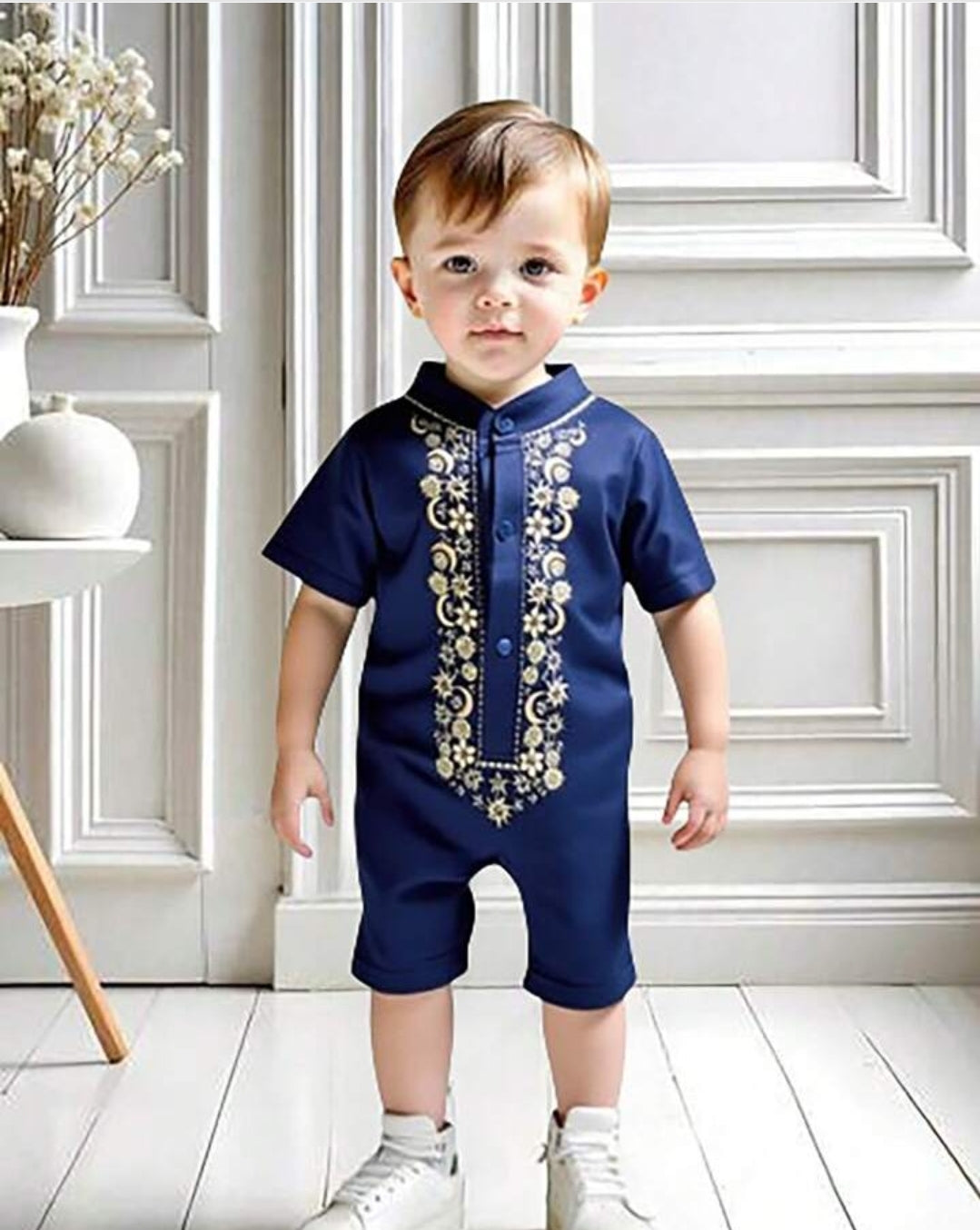 Newborn Baby Boy Navy Blue Collar Romper Panjabi