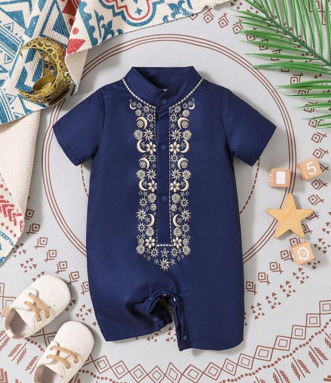 Newborn Baby Boy Navy Blue Collar Romper Panjabi