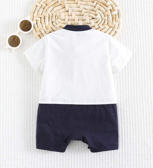 Newborn Baby Unisex Soft Knitted Colorblock Round Neck Short Sleeve Romper With Shorts