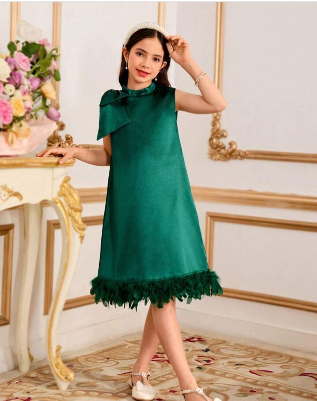 Girls Solid Color Stand Collar Knotted Shoulder Feather Hem Sleeveless Elegant Dress