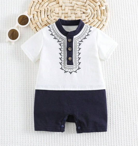 Newborn Baby Unisex Soft Knitted Colorblock Round Neck Short Sleeve Romper With Shorts