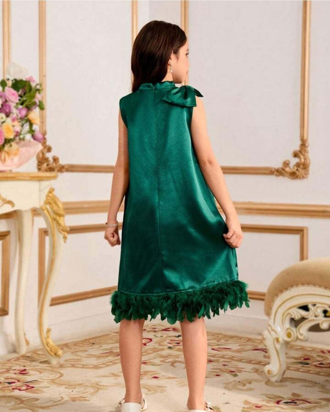 Girls Solid Color Stand Collar Knotted Shoulder Feather Hem Sleeveless Elegant Dress