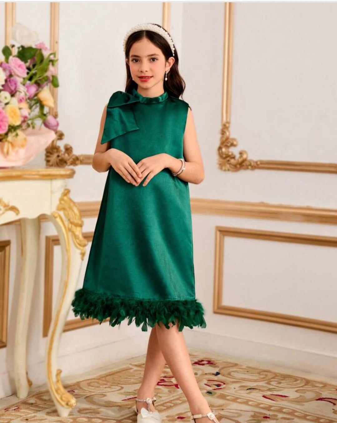 Girls Solid Color Stand Collar Knotted Shoulder Feather Hem Sleeveless Elegant Dress
