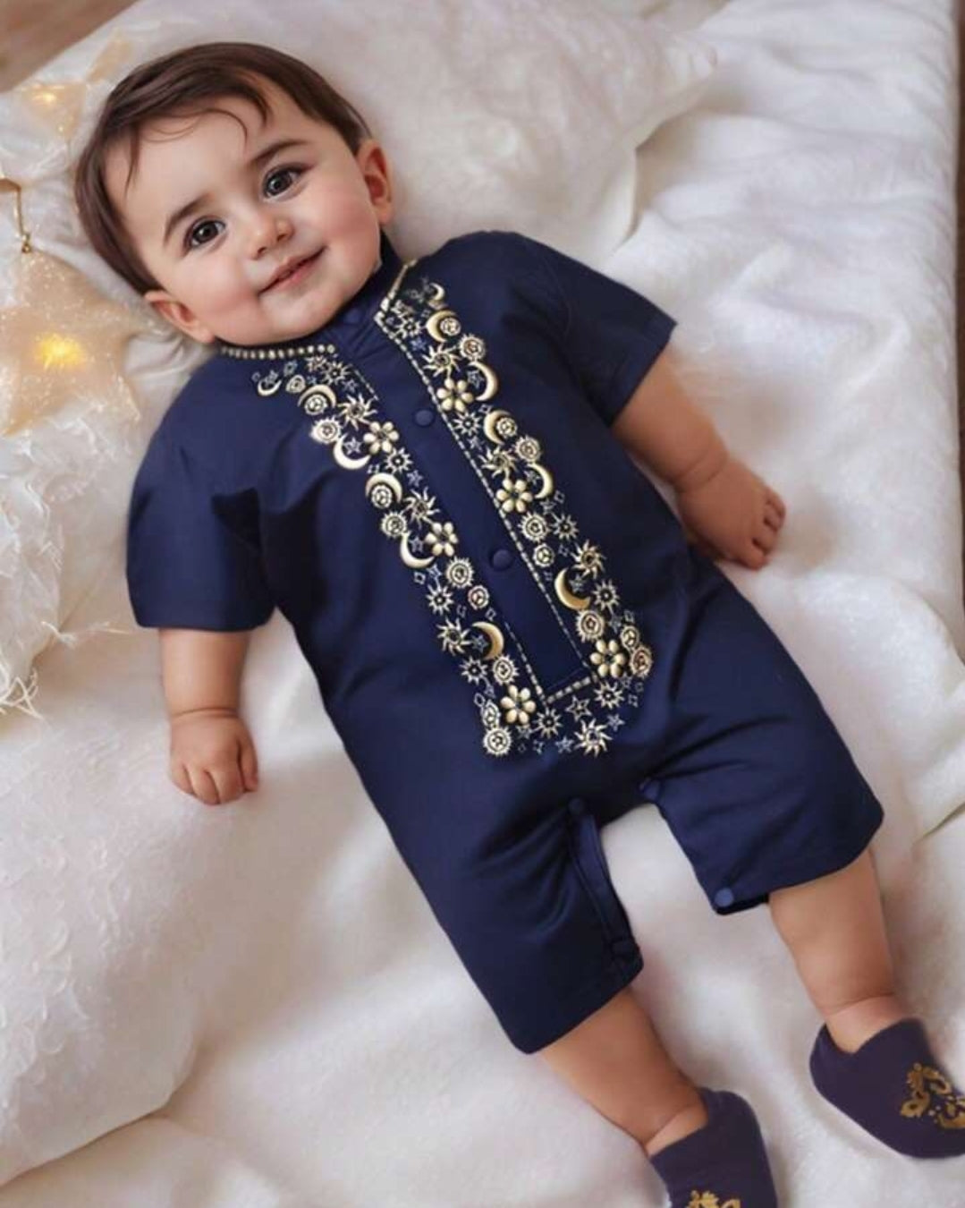 Newborn Baby Boy Navy Blue Collar Romper Panjabi