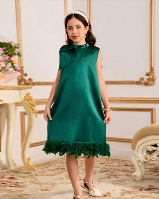 Girls Solid Color Stand Collar Knotted Shoulder Feather Hem Sleeveless Elegant Dress