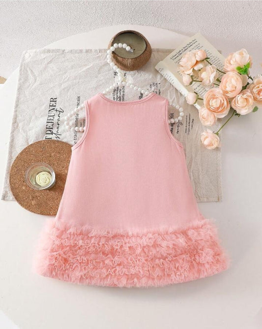 Baby Girl Bowknot Ruffle Hem Ruched Pink Mesh Knit Sleeveless Party Dress