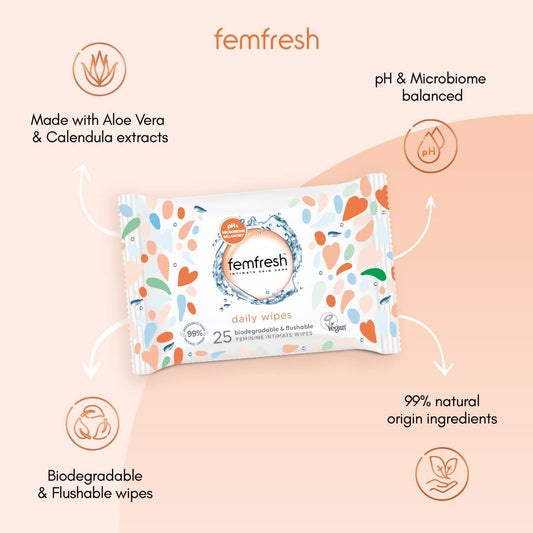 Femfresh Daily Wipes Biodegradable & Flushable 25 Wipes