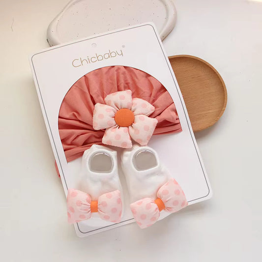 100% Cotton Girl Newborn 6-12 Months Baby Socks Set Lovable Small Flower Hat Baby Socks Set- Pink