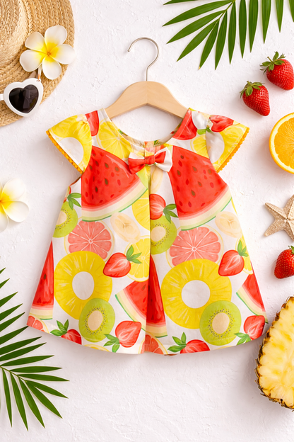 Cotton Tropical Fruit Print Baby Dress with Bow (12m- 4y) (WATER04)