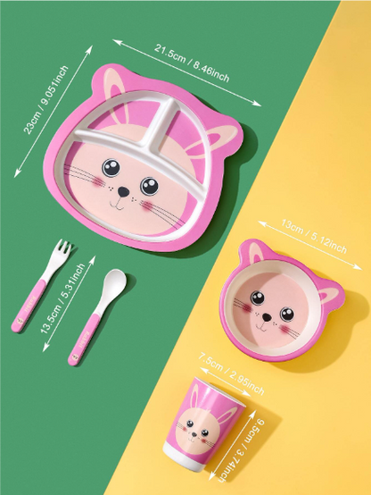 5 Pcs Bamboo Fiber Kids Meal Tableware Dinner Set- Pink P1