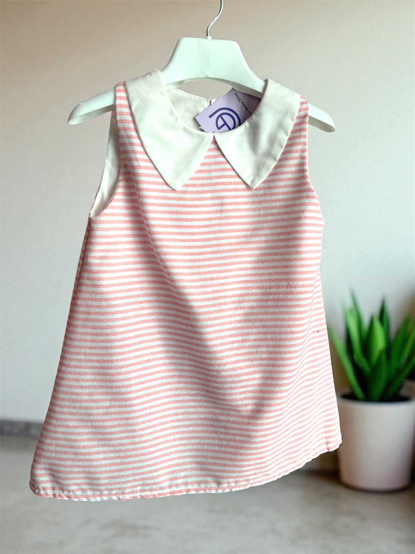 Semi Casual Baby Girl Peter Pan Collar Cotton Top Stripped Dress-Pink