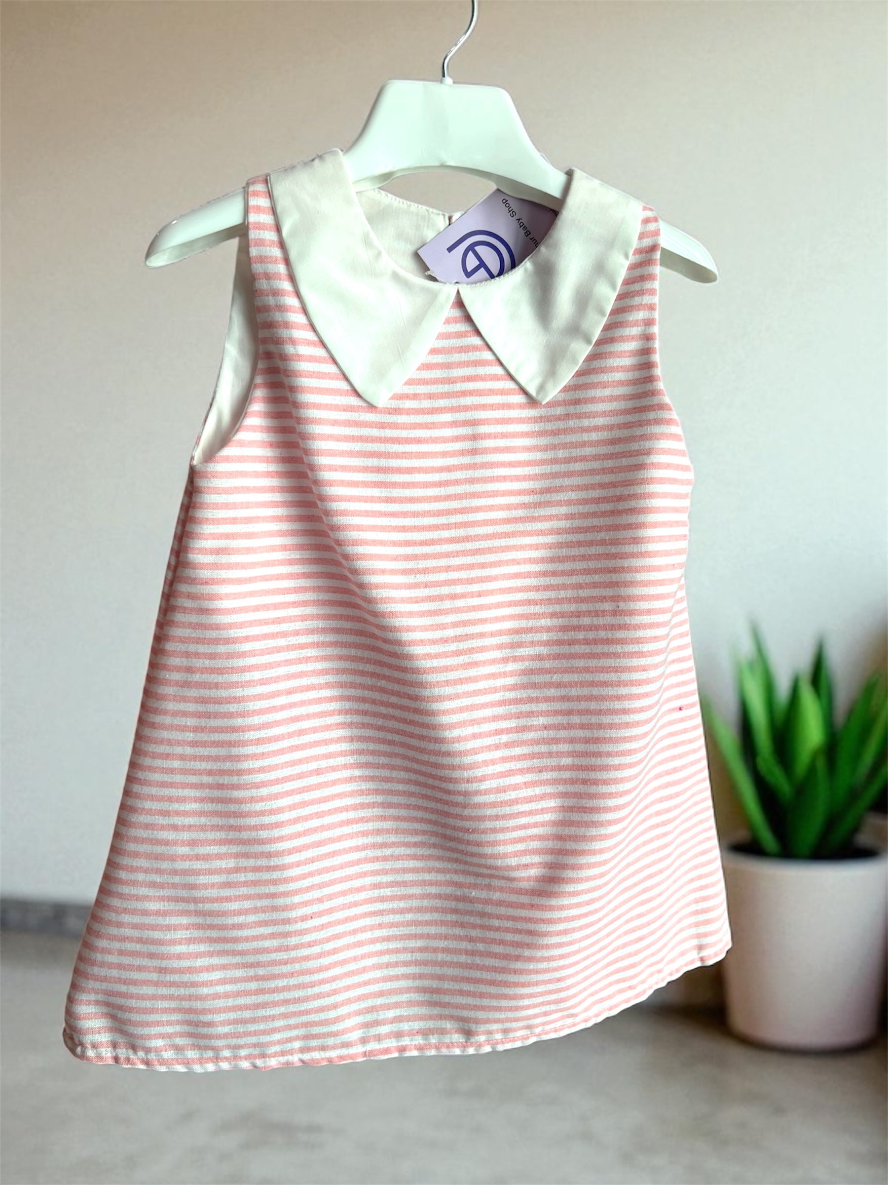 Semi Casual Baby Girl Peter Pan Collar Cotton Top Stripped Dress-Pink