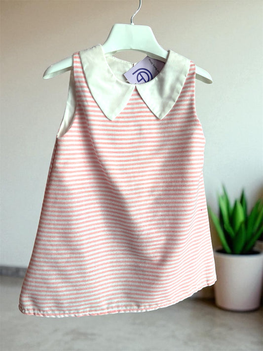 Semi Casual Baby Girl Peter Pan Collar Cotton Top Stripped Dress-Pink